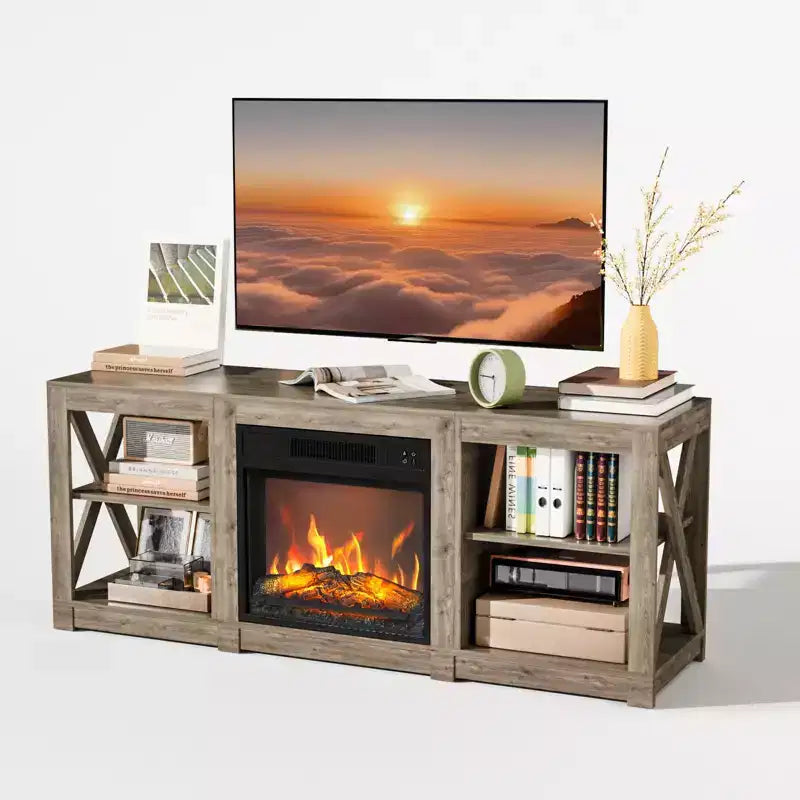 TV Stand with 18" Electric Fireplace for TVs up to 70", Farmhouse Style, 58.66"W x 15.75"D x 23.62"H