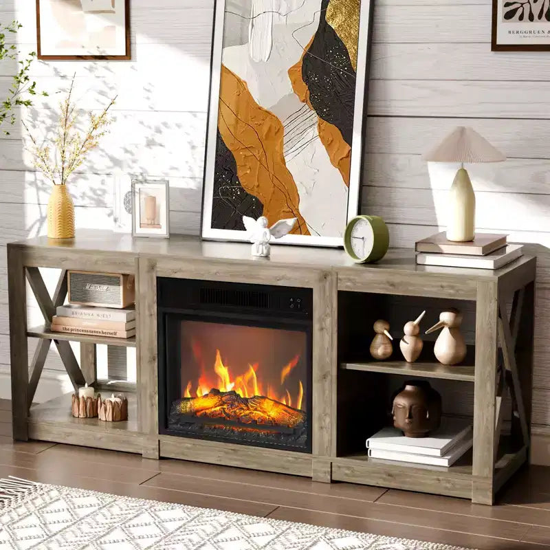 TV Stand with 18" Electric Fireplace for TVs up to 70", Farmhouse Style, 58.66"W x 15.75"D x 23.62"H