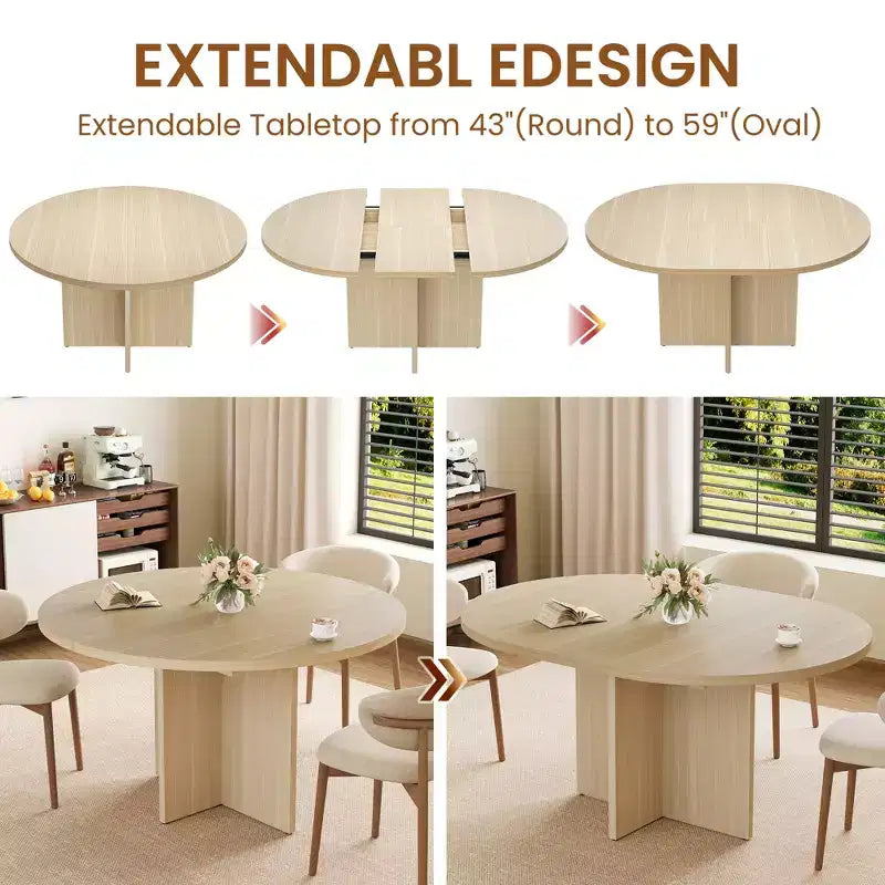 Extendable Dining Table, 43.3"–59", Seats 4–8, Wood Top with Hidden Storage and Cross Base