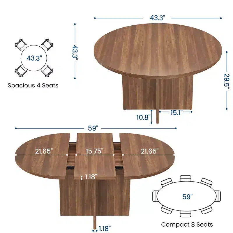 Extendable Dining Table, 43.3"–59", Seats 4–8, Wood Top with Hidden Storage and Cross Base
