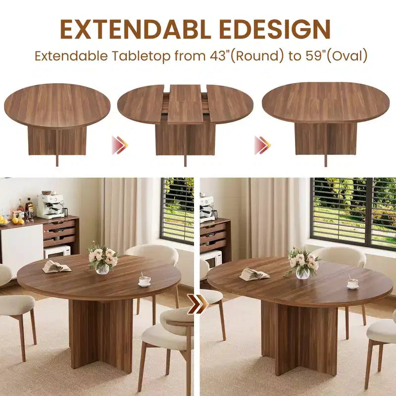 Extendable Dining Table, 43.3"–59", Seats 4–8, Wood Top with Hidden Storage and Cross Base