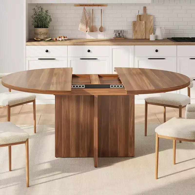 Extendable Dining Table, 43.3"–59", Seats 4–8, Wood Top with Hidden Storage and Cross Base
