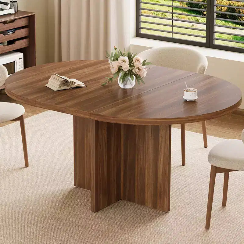 Extendable Dining Table, 43.3"–59", Seats 4–8, Wood Top with Hidden Storage and Cross Base