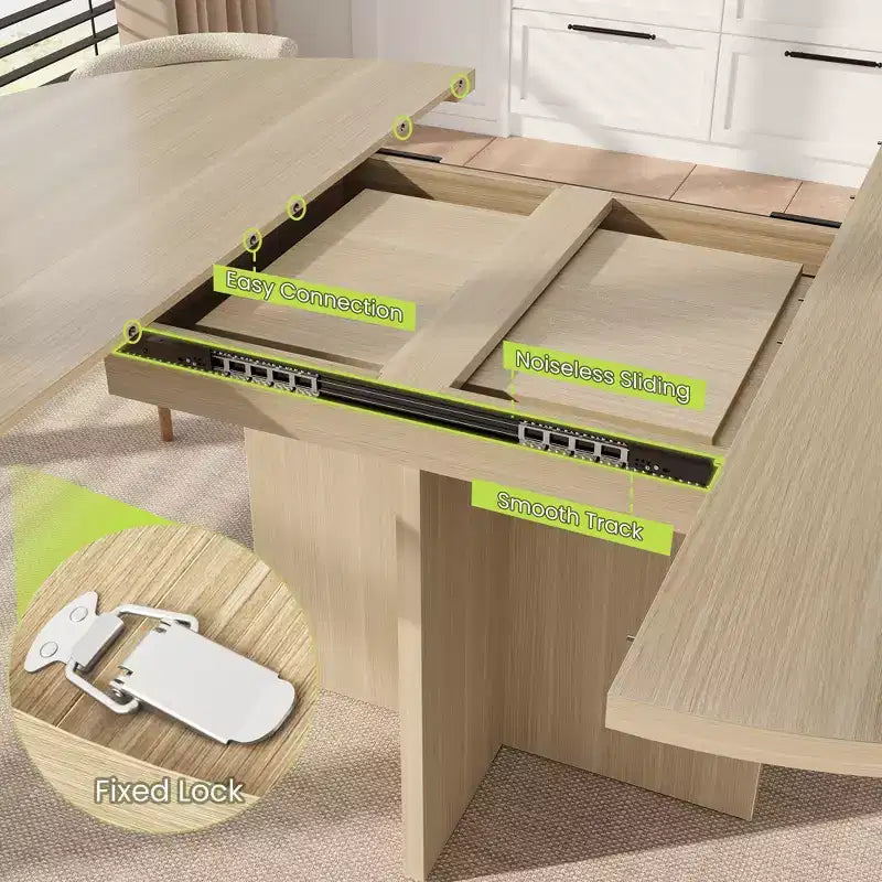 Extendable Dining Table, 43.3"–59", Seats 4–8, Wood Top with Hidden Storage and Cross Base