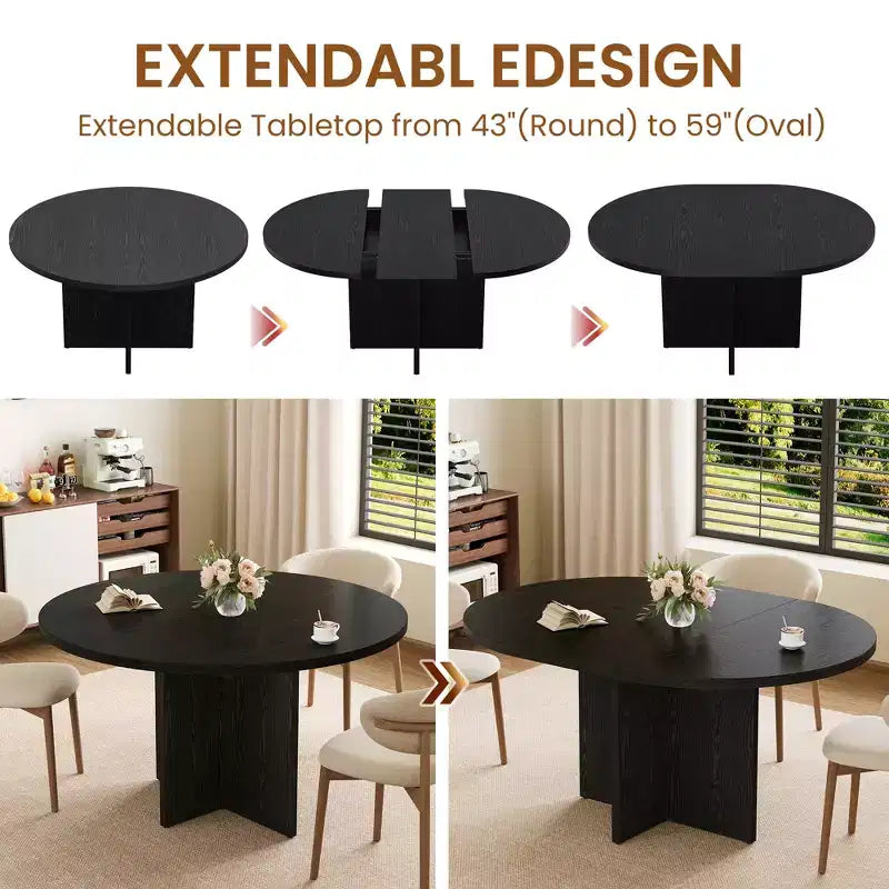 Extendable Dining Table, 43.3"–59", Seats 4–8, Wood Top with Hidden Storage and Cross Base