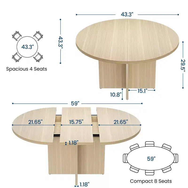 Extendable Dining Table, 43.3"–59", Seats 4–8, Wood Top with Hidden Storage and Cross Base