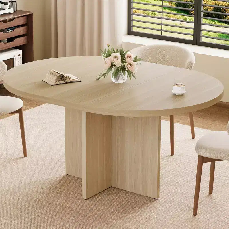 Extendable Dining Table, 43.3"–59", Seats 4–8, Wood Top with Hidden Storage and Cross Base