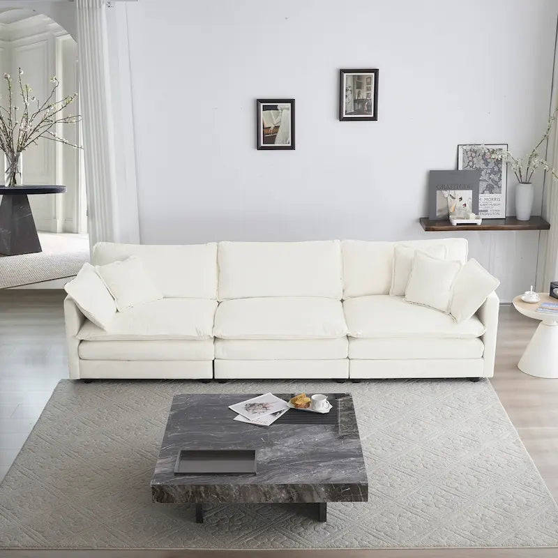 Divano Moderno di Metà Secolo a 3 Posti con 2 Cuscini Bracciolo e 3 Cuscini Decorativi, Divano da Soggiorno in Ciniglia Bianca