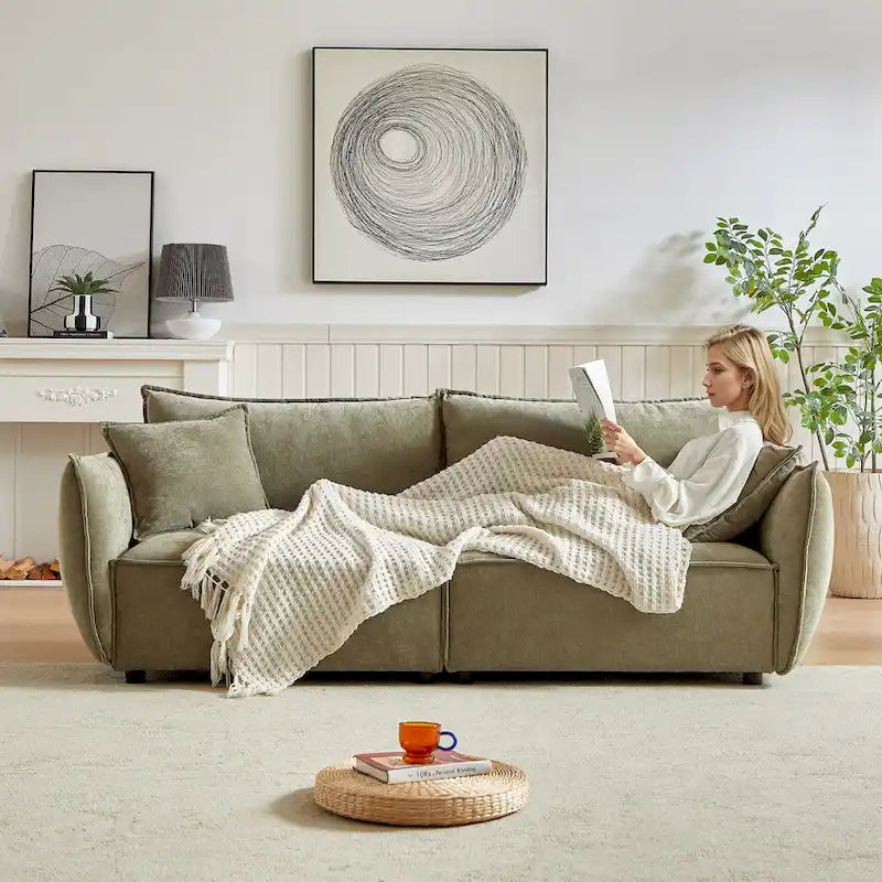 Light Green 88 Chenille 3-Seater Sofa with 2 Extra Pillows and Thickly Padded Seat