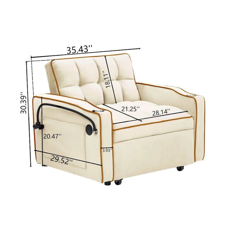 foldable sofa bed , modern sofa sofa velvet pull-out bed, adjustable back and with USB port and ashtray and swivel phone stand