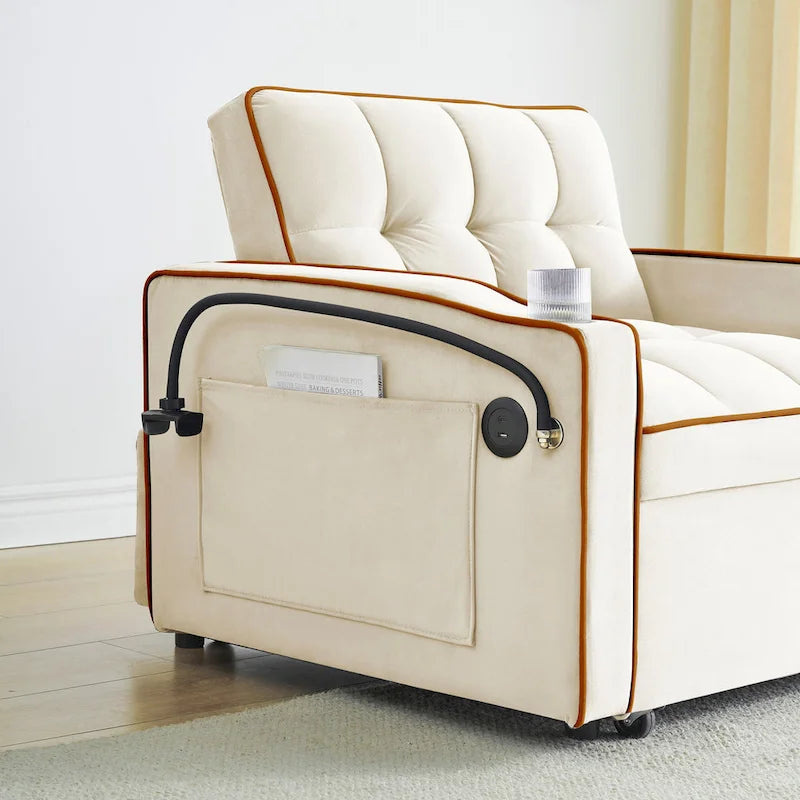 foldable sofa bed , modern sofa sofa velvet pull-out bed, adjustable back and with USB port and ashtray and swivel phone stand