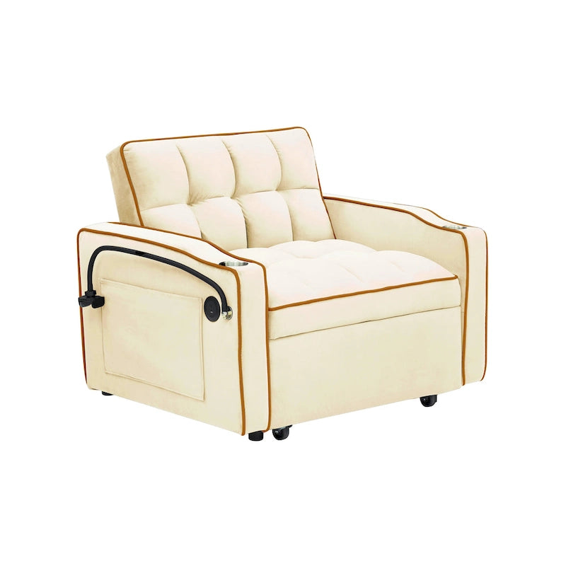 foldable sofa bed , modern sofa sofa velvet pull-out bed, adjustable back and with USB port and ashtray and swivel phone stand
