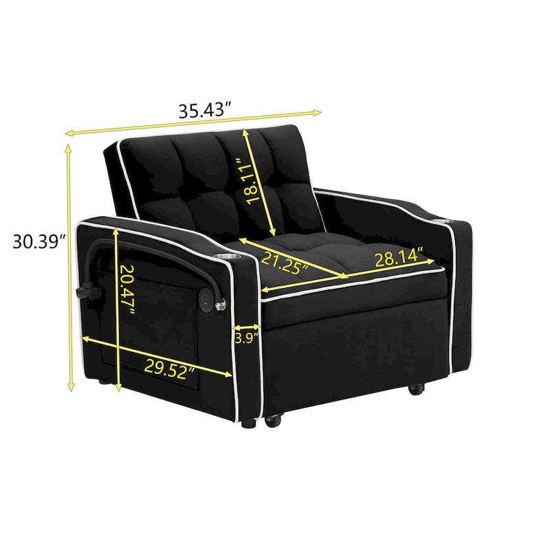 foldable sofa bed , modern sofa sofa velvet pull-out bed, adjustable back and with USB port and ashtray and swivel phone stand