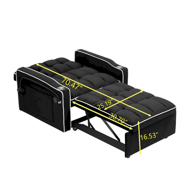 foldable sofa bed , modern sofa sofa velvet pull-out bed, adjustable back and with USB port and ashtray and swivel phone stand