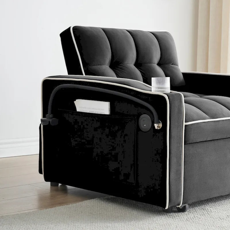 foldable sofa bed , modern sofa sofa velvet pull-out bed, adjustable back and with USB port and ashtray and swivel phone stand