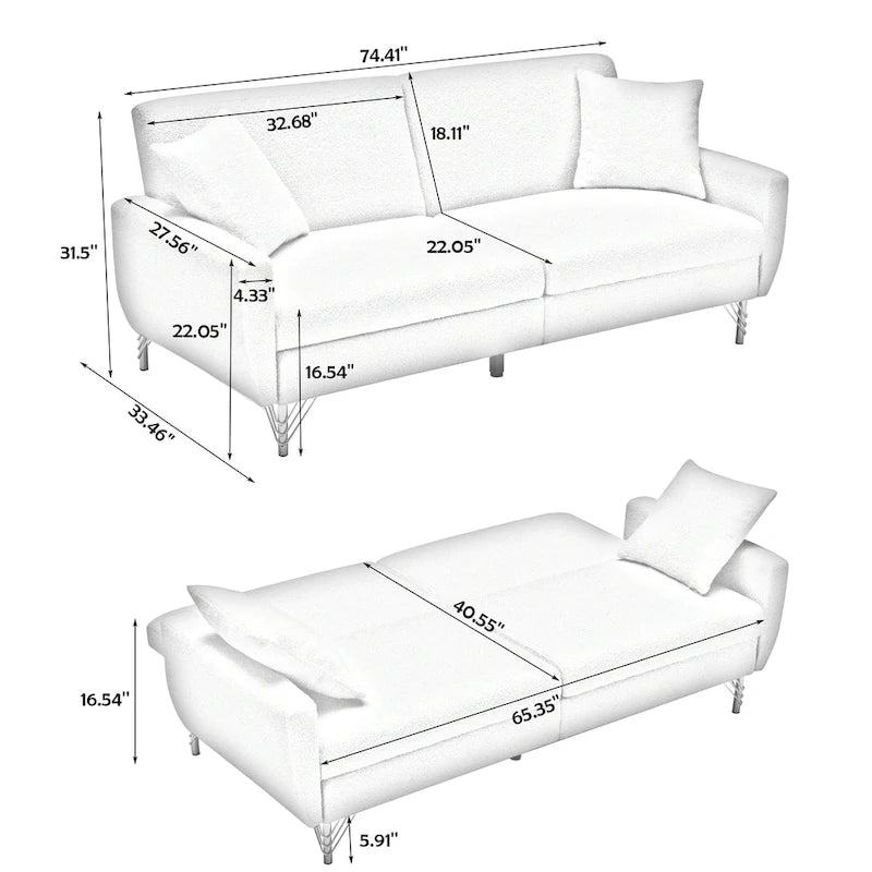 74.41 Inch Teddy Velvet sofa bed with Separate adjustment backrest and Storage Function