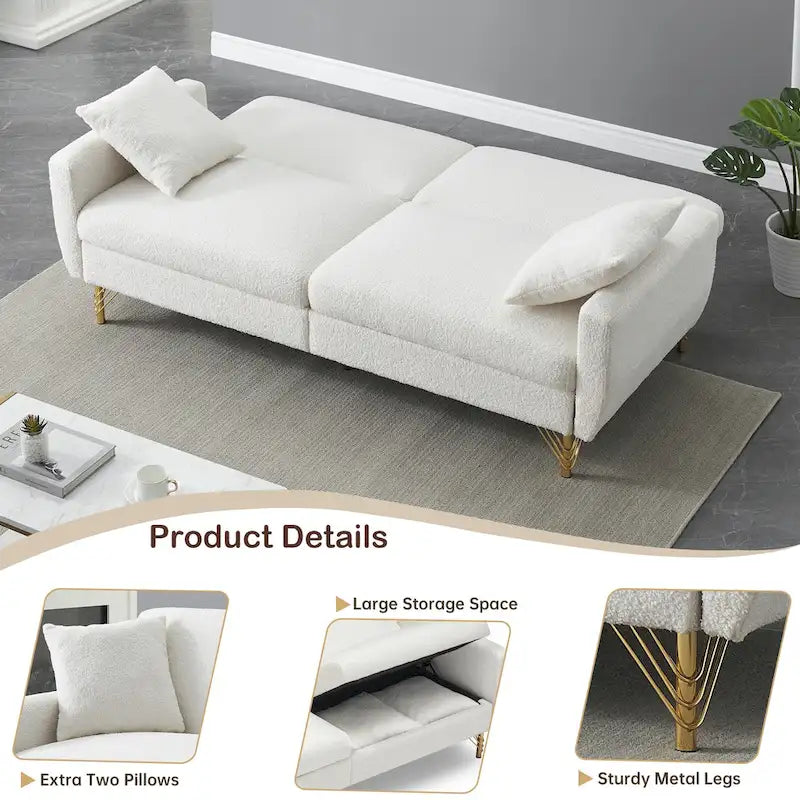 74.41 Inch Teddy Velvet sofa bed with Separate adjustment backrest and Storage Function
