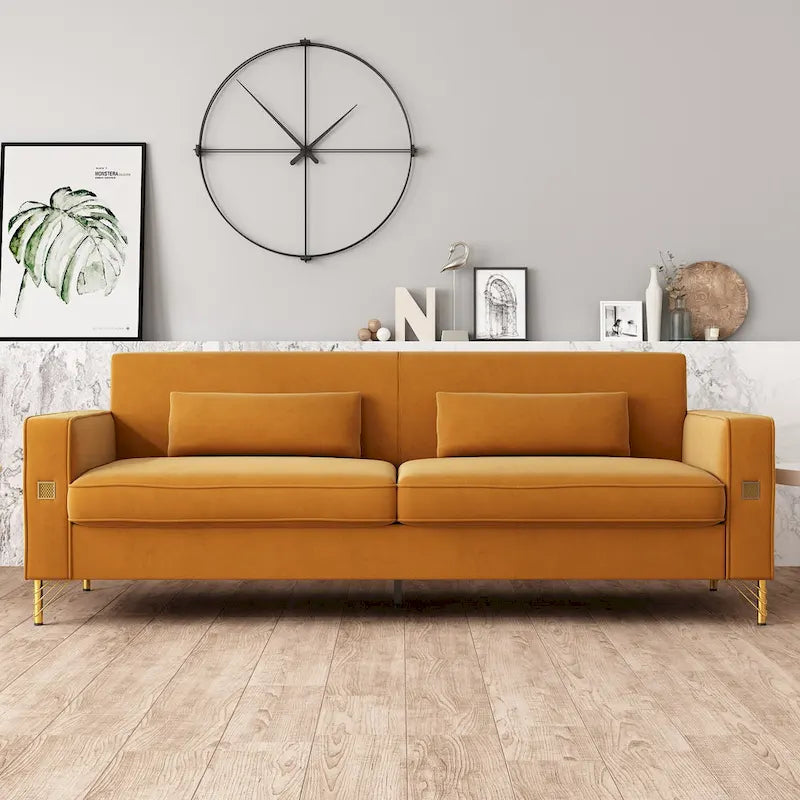 Luxury Velvet Sofa with Gold Accents, 3-Seat Plush Couch for Living Room & Office