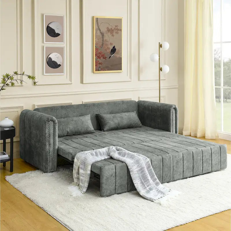 3-in-1-Schlafsofa mit Ausziehfunktion, modernes wandelbares 3-Sitzer-Lounge-Futon-Sofa mit gerollten Armlehnen und Dekoration mit Kupfernägeln
