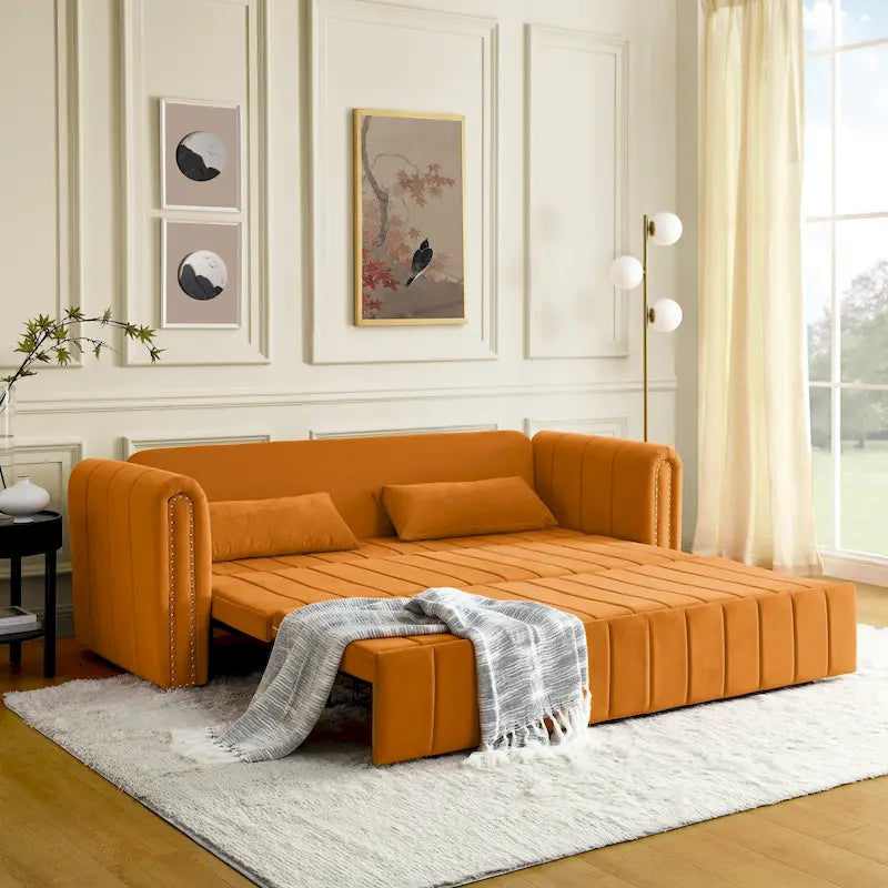 3-in-1-Schlafsofa mit Ausziehfunktion, modernes wandelbares 3-Sitzer-Lounge-Futon-Sofa mit gerollten Armlehnen und Dekoration mit Kupfernägeln