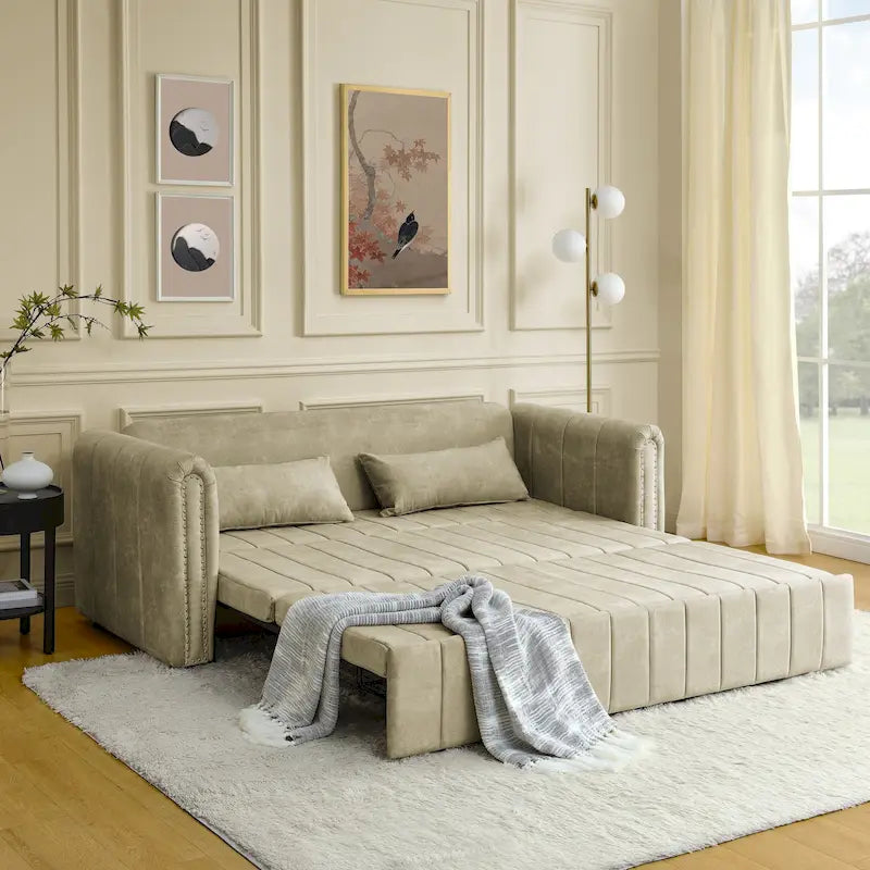 3-in-1-Schlafsofa mit Ausziehfunktion, modernes wandelbares 3-Sitzer-Lounge-Futon-Sofa mit gerollten Armlehnen und Dekoration mit Kupfernägeln