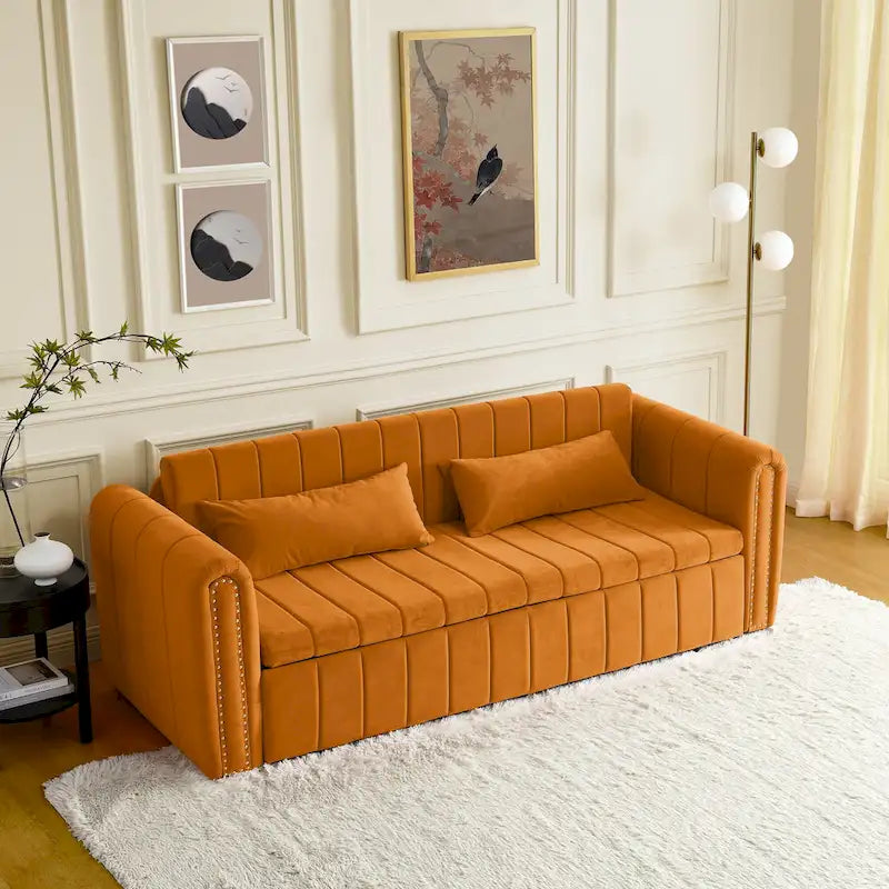 Divano letto estraibile 3 in 1, futon convertibile moderno a 3 posti con braccioli arrotolati decorati con borchie color rame