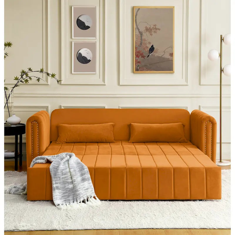 Divano letto estraibile 3 in 1, futon convertibile moderno a 3 posti con braccioli arrotolati decorati con borchie color rame