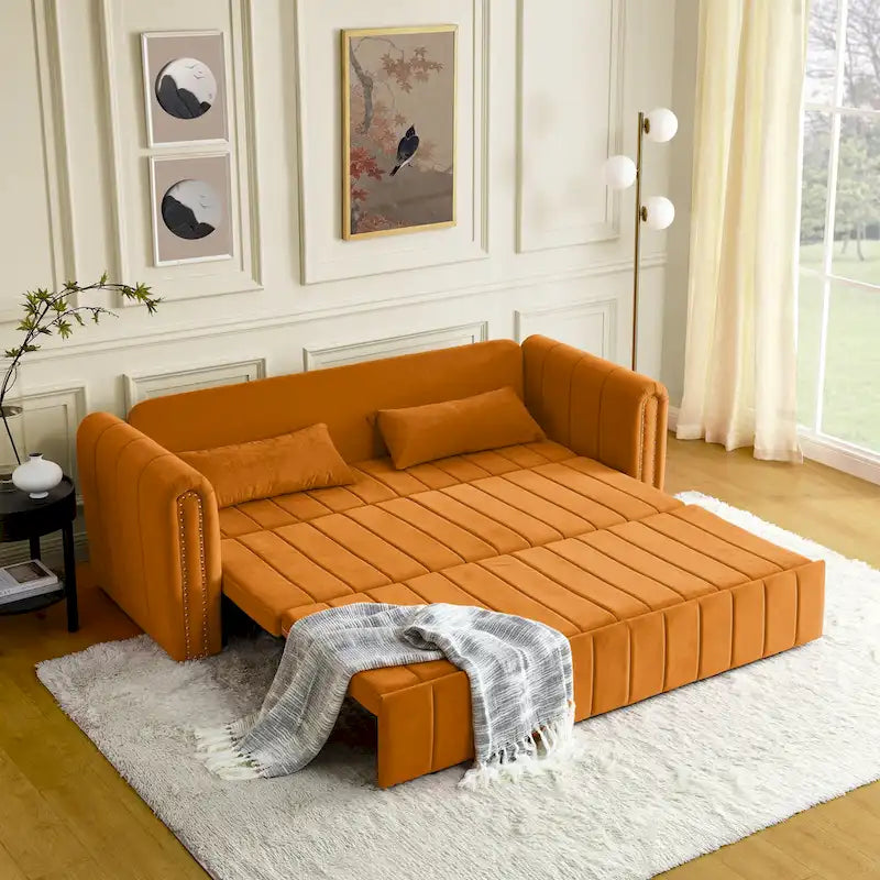 Divano letto estraibile 3 in 1, futon convertibile moderno a 3 posti con braccioli arrotolati decorati con borchie color rame