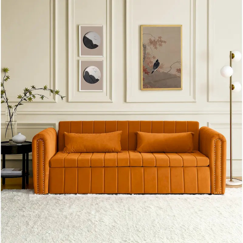 Divano letto estraibile 3 in 1, futon convertibile moderno a 3 posti con braccioli arrotolati decorati con borchie color rame