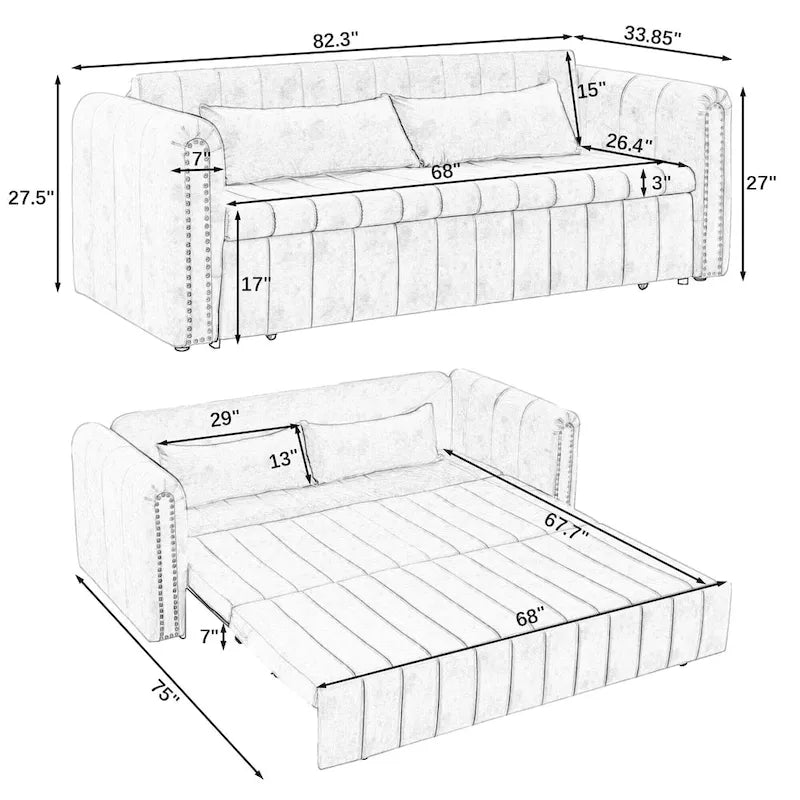 Divano letto estraibile 3 in 1, futon convertibile moderno a 3 posti con braccioli arrotolati decorati con borchie color rame