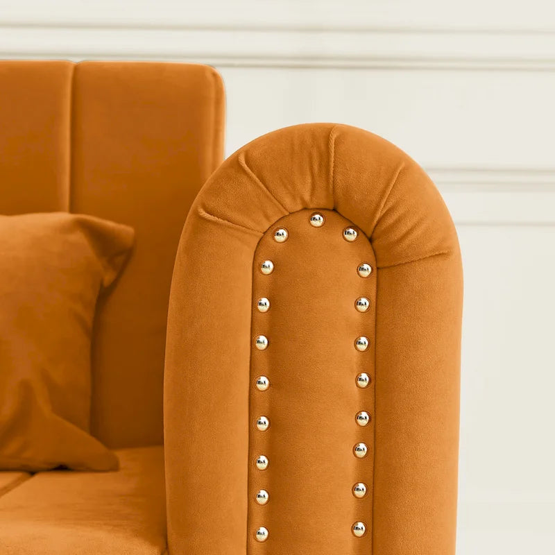 Divano letto estraibile 3 in 1, futon convertibile moderno a 3 posti con braccioli arrotolati decorati con borchie color rame