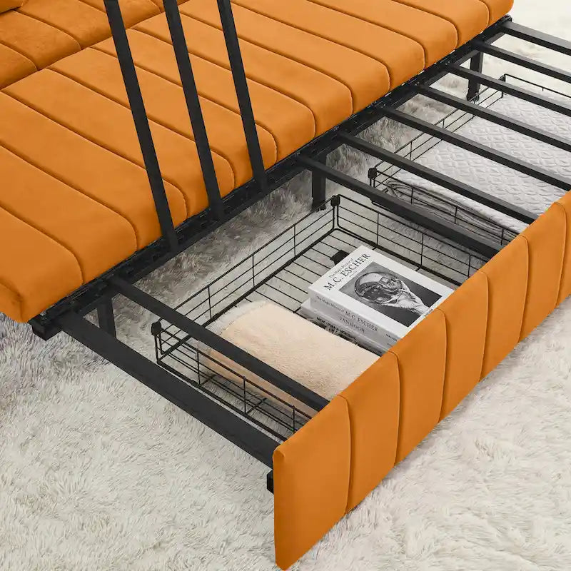 Divano letto estraibile 3 in 1, futon convertibile moderno a 3 posti con braccioli arrotolati decorati con borchie color rame