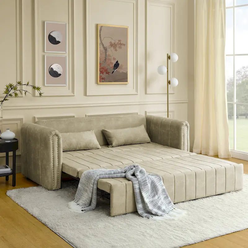Divano letto estraibile 3 in 1, futon convertibile moderno a 3 posti con braccioli arrotolati decorati con borchie color rame