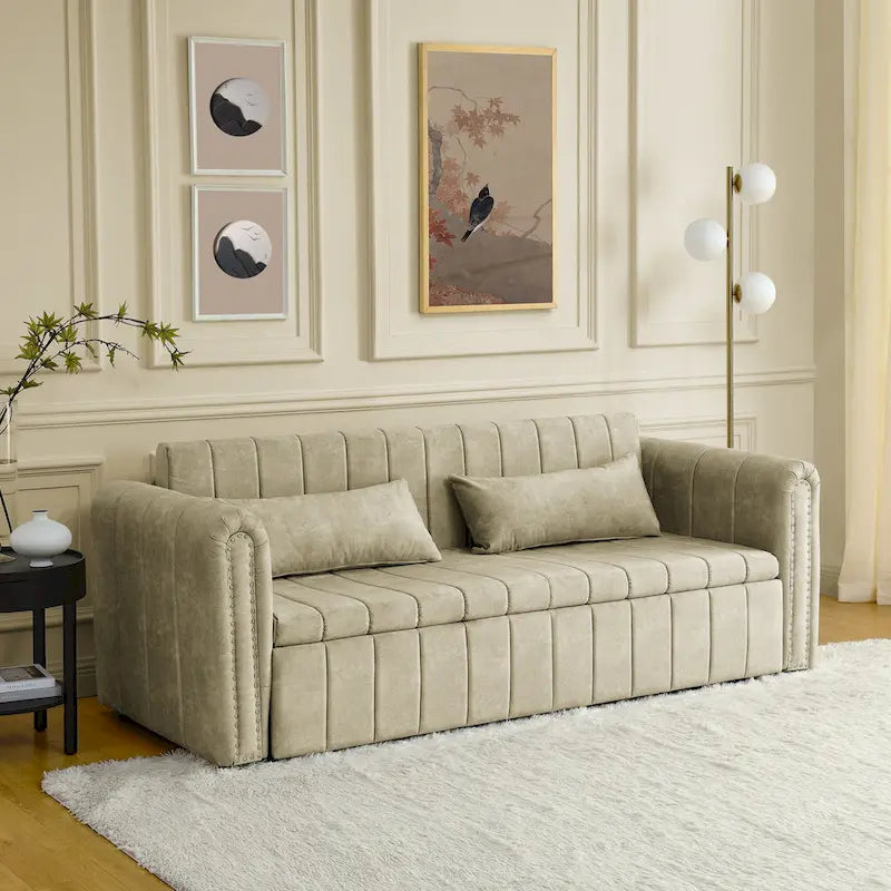 Divano letto estraibile 3 in 1, futon convertibile moderno a 3 posti con braccioli arrotolati decorati con borchie color rame