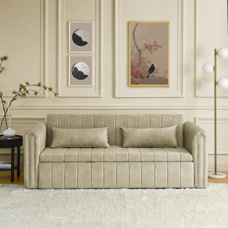 Divano letto estraibile 3 in 1, futon convertibile moderno a 3 posti con braccioli arrotolati decorati con borchie color rame