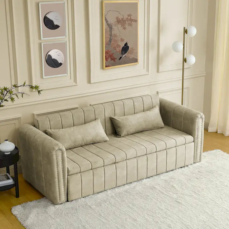 Divano letto estraibile 3 in 1, futon convertibile moderno a 3 posti con braccioli arrotolati decorati con borchie color rame