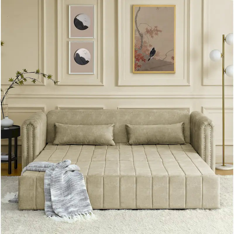 Divano letto estraibile 3 in 1, futon convertibile moderno a 3 posti con braccioli arrotolati decorati con borchie color rame