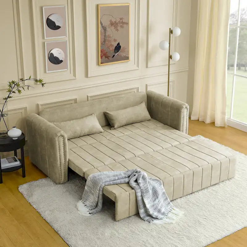 Divano letto estraibile 3 in 1, futon convertibile moderno a 3 posti con braccioli arrotolati decorati con borchie color rame