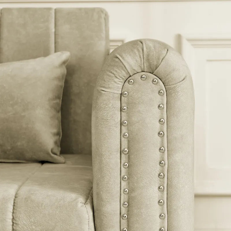 Divano letto estraibile 3 in 1, futon convertibile moderno a 3 posti con braccioli arrotolati decorati con borchie color rame