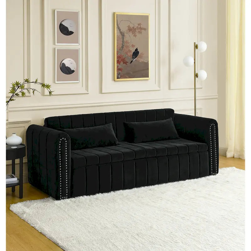 Divano letto estraibile 3 in 1, futon convertibile moderno a 3 posti con braccioli arrotolati decorati con borchie color rame