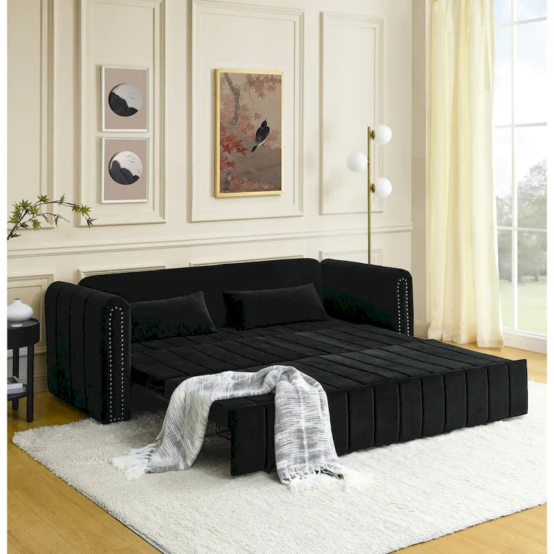 Divano letto estraibile 3 in 1, futon convertibile moderno a 3 posti con braccioli arrotolati decorati con borchie color rame