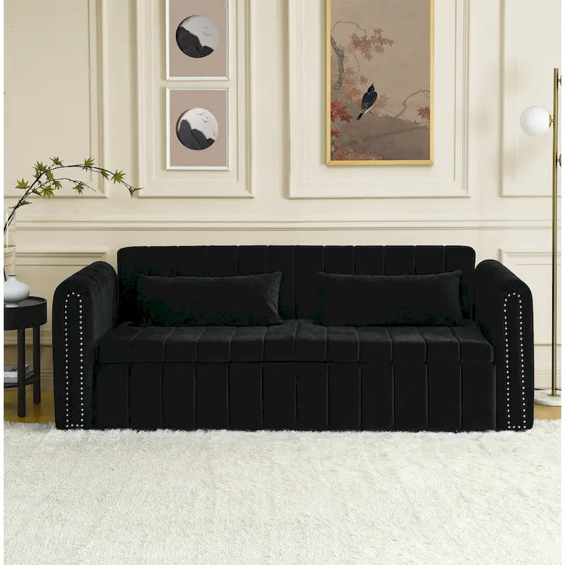 Divano letto estraibile 3 in 1, futon convertibile moderno a 3 posti con braccioli arrotolati decorati con borchie color rame