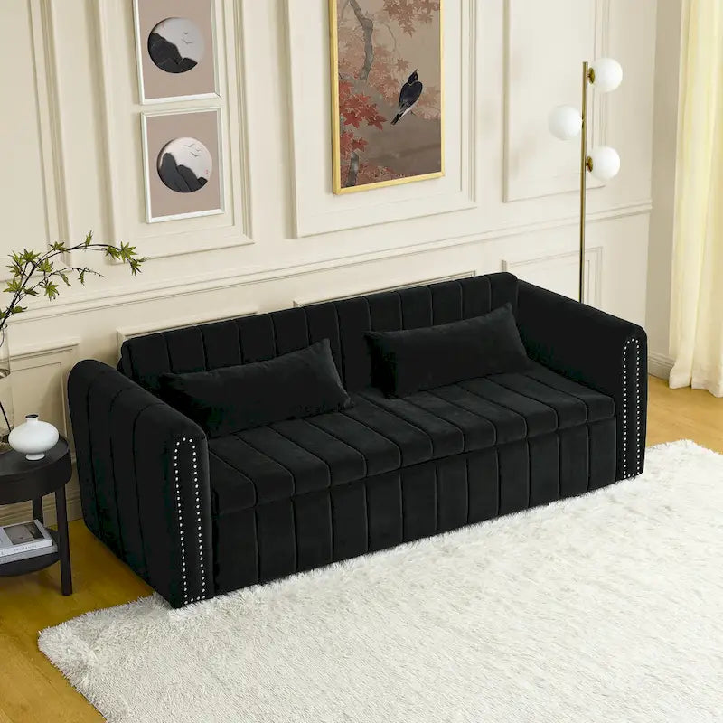 Divano letto estraibile 3 in 1, futon convertibile moderno a 3 posti con braccioli arrotolati decorati con borchie color rame