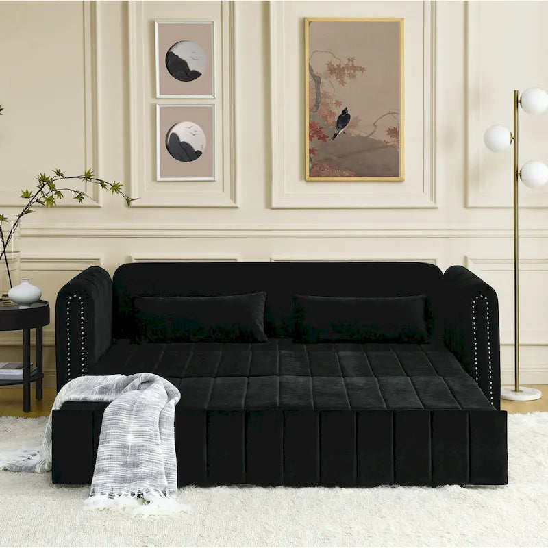 Divano letto estraibile 3 in 1, futon convertibile moderno a 3 posti con braccioli arrotolati decorati con borchie color rame