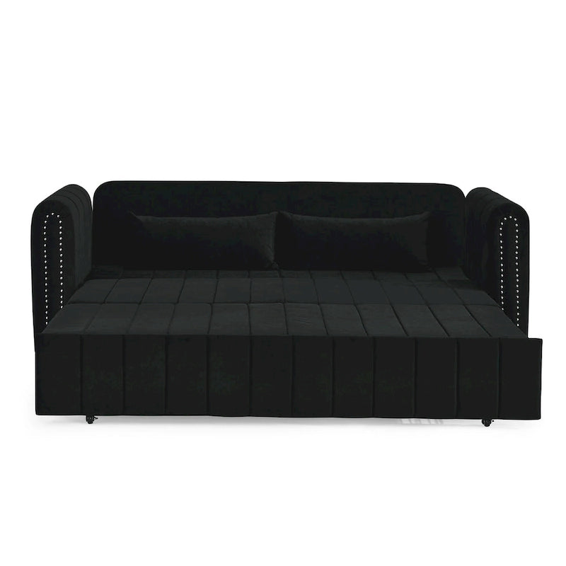 Divano letto estraibile 3 in 1, futon convertibile moderno a 3 posti con braccioli arrotolati decorati con borchie color rame