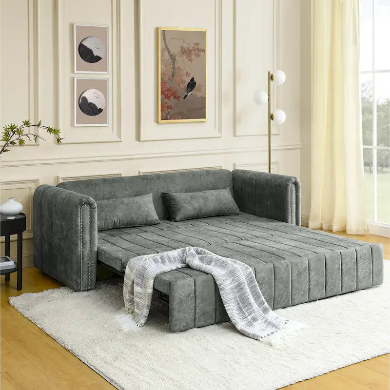 Divano letto estraibile 3 in 1, futon convertibile moderno a 3 posti con braccioli arrotolati decorati con borchie color rame