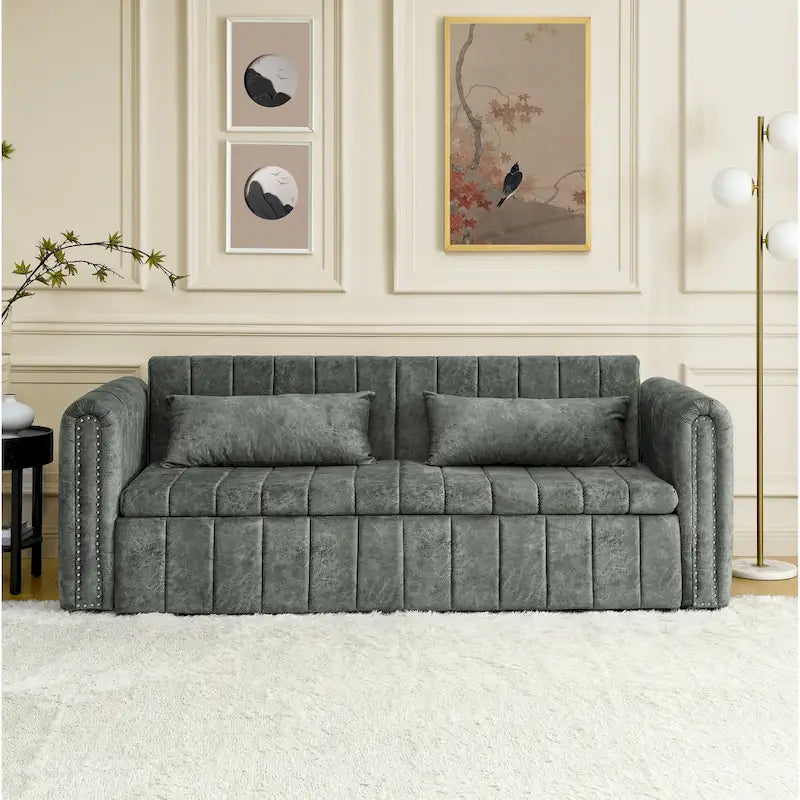 Divano letto estraibile 3 in 1, futon convertibile moderno a 3 posti con braccioli arrotolati decorati con borchie color rame