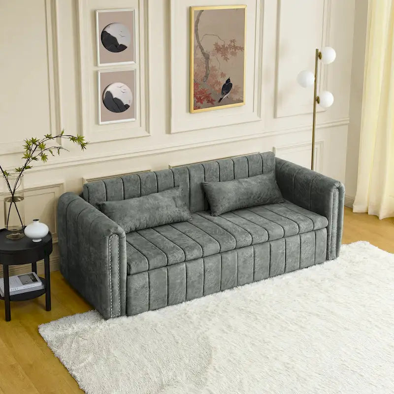 Divano letto estraibile 3 in 1, futon convertibile moderno a 3 posti con braccioli arrotolati decorati con borchie color rame