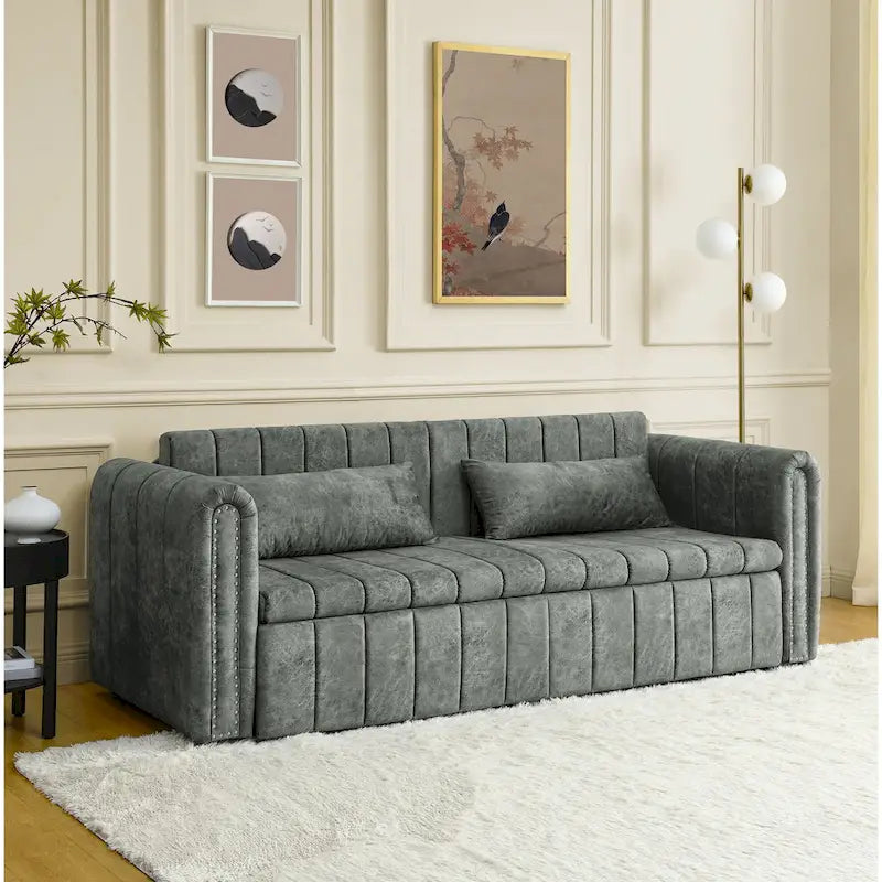 Divano letto estraibile 3 in 1, futon convertibile moderno a 3 posti con braccioli arrotolati decorati con borchie color rame