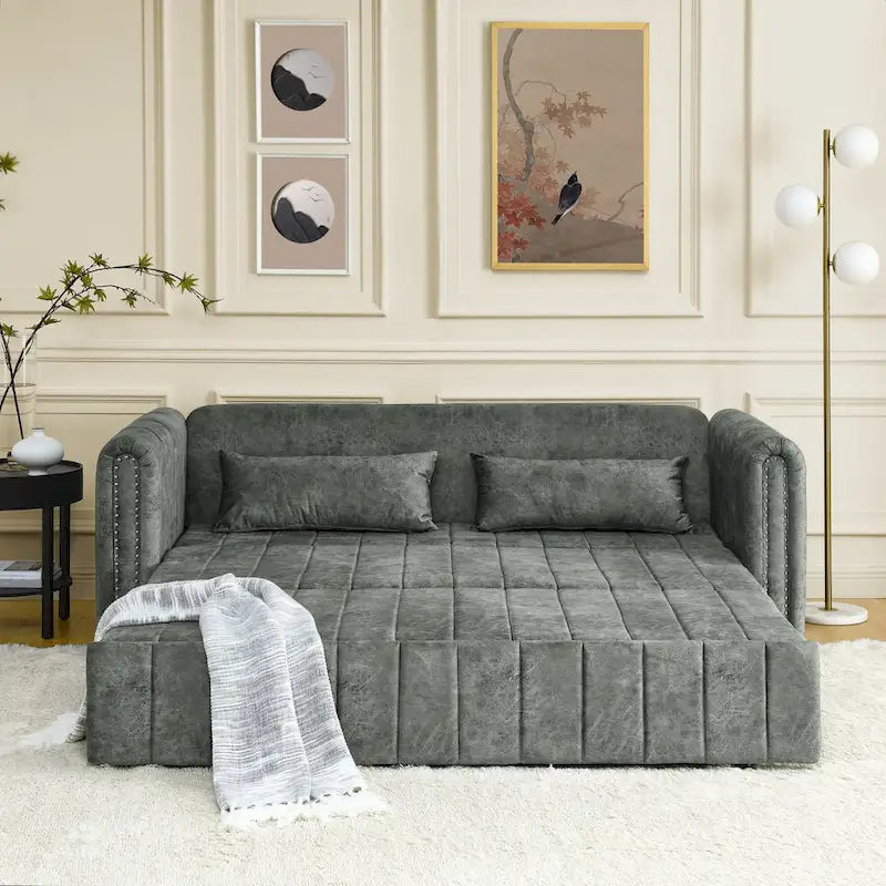 Divano letto estraibile 3 in 1, futon convertibile moderno a 3 posti con braccioli arrotolati decorati con borchie color rame